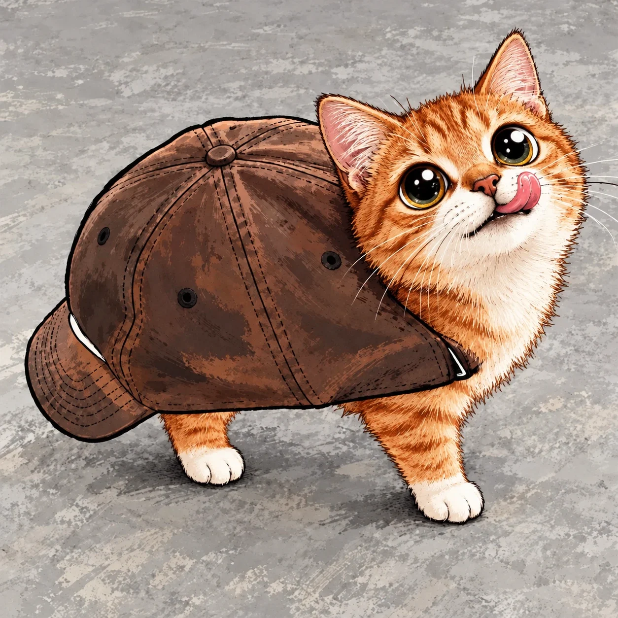Orange kitten wearing a brown cap like a shell, licking its nose